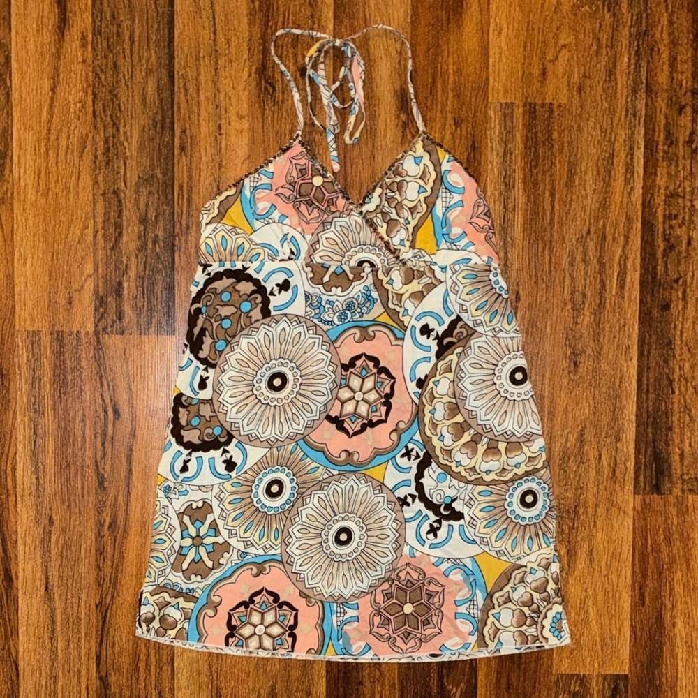 At Last Women L Cotton Halter Top Boho Medallion Print Sequin V-Neck Blue Pink